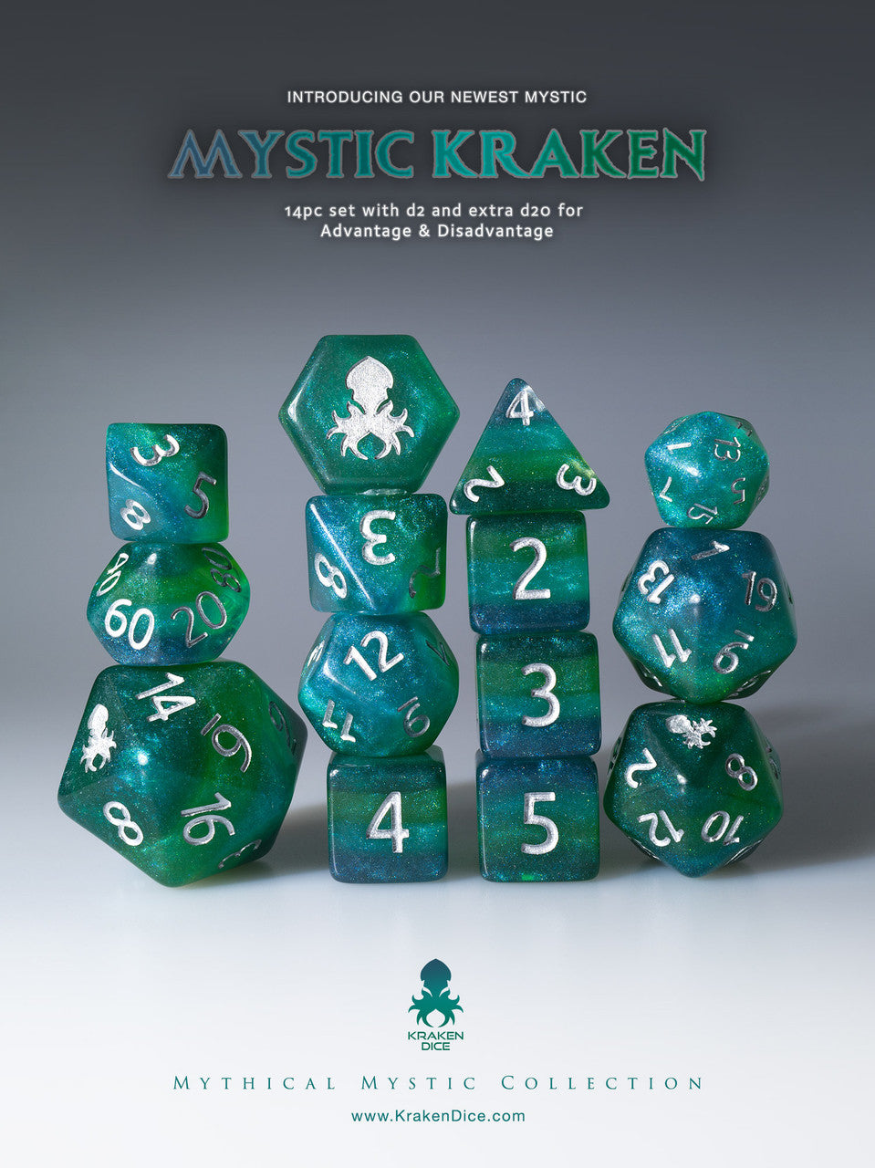 Mystic Kraken 14pc Silver Ink Dice Set With Kraken Logo